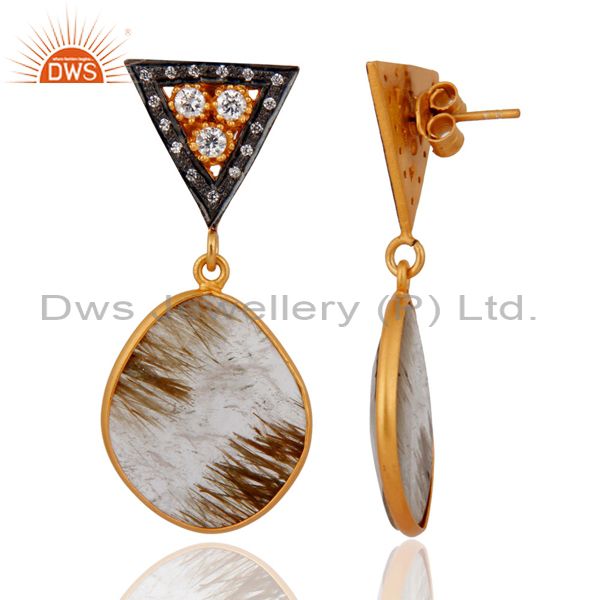 Exporter 18k Gold Plated Sterling Silver Natural Rutilated Quartz Slice Dangle Earrings