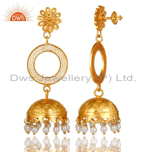 Exporter 22K Yellow Gold Plated Sterling Silver Natural Pearl Designer Jhumka Earrings