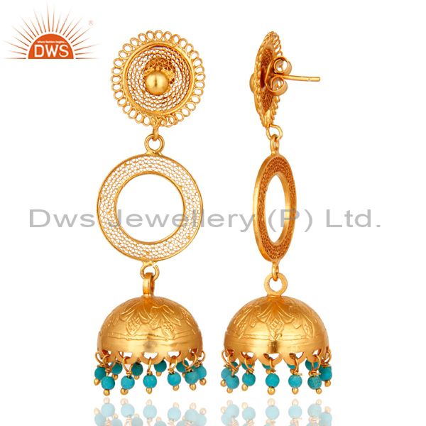 Exporter 14K Gold Plated Sterling Silver Turquoise Long Dangle Jhumka Earrings