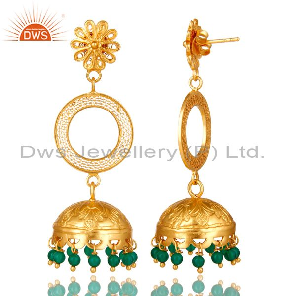Exporter 18K Yellow Gold Plated Sterling Silver Green Onyx Designer Jhumka Earrings