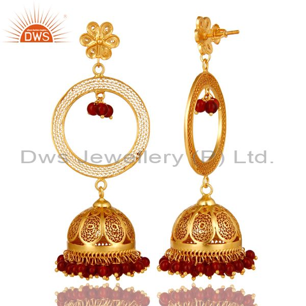Exporter 14K Yellow Gold Plated Sterling Silver Red Onyx Traditional Jhumka Earrings