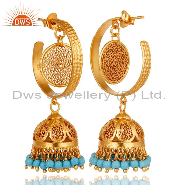 Exporter 14K Yellow Gold Plated Sterling Silver Designer Jhumka Earrings With Turquoise