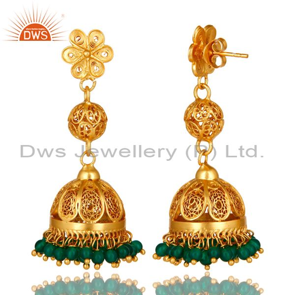 Exporter 14K Yellow Gold Plated Sterling Silver Green Onyx Traditional Jhumka Earrings
