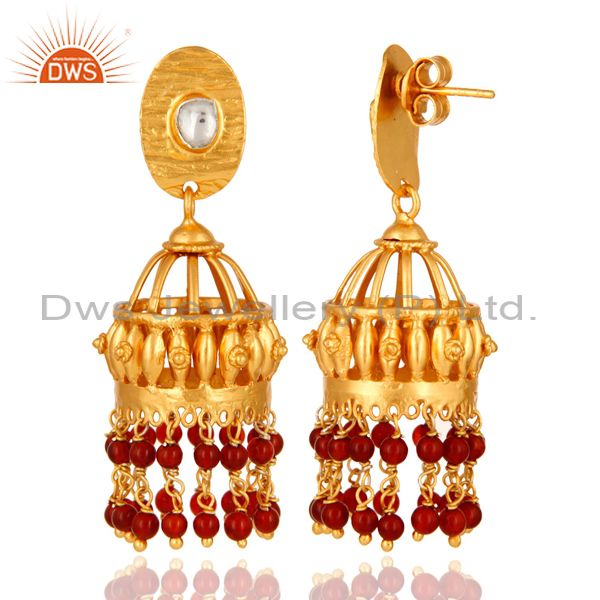 Exporter Red Onyx 925 Sterling Silver Jhumka Earrings For Teen Girls With Gold Plated