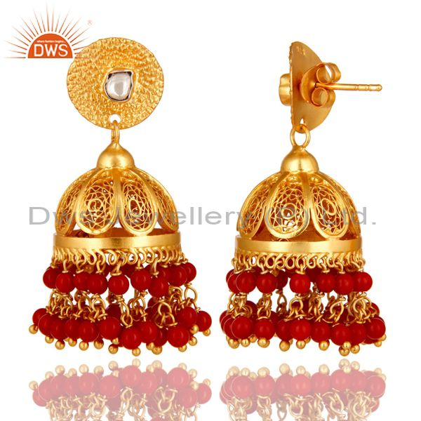 Exporter Coral Gemstone Event Wear Chandelier Earrings Made 14K Gold Over Sterling Silver