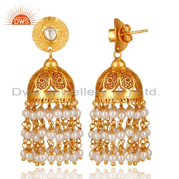 Exporter 18K Gold Plated Sterling Silver Pearl Designer South Indian Jhumka Earrings