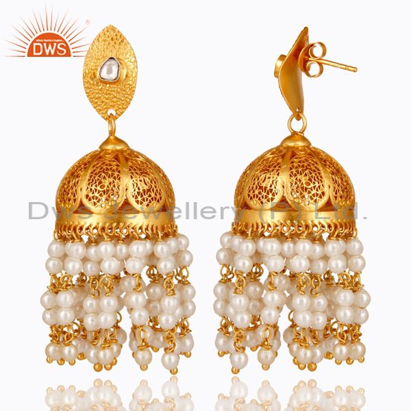 Exporter 22K Gold Plated Sterling Silver Pearl And Crystal Polki Designer Jhumka Earrings