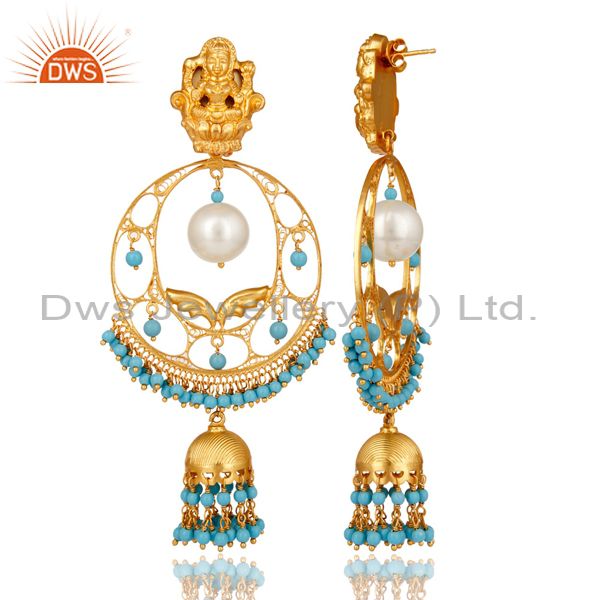 Exporter Pearl & Turquoise 14K Gold Plated Sterling Silver Temple Jewelry Jhumka Earring