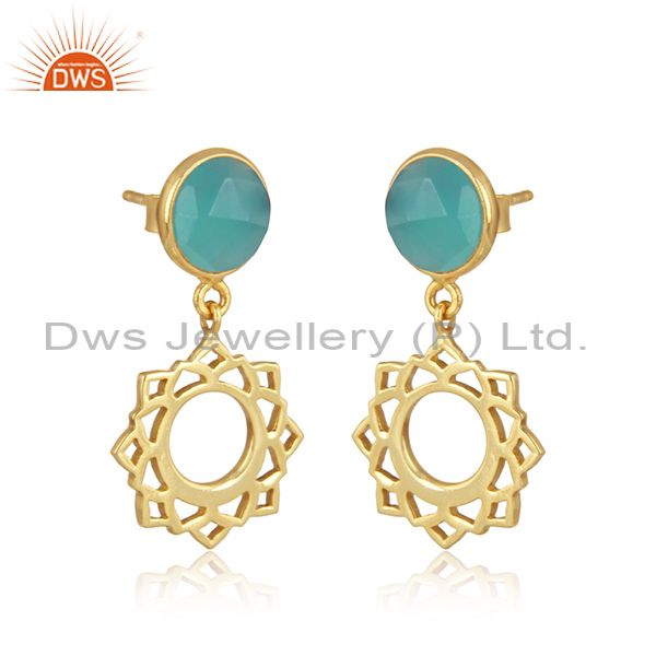 Heart chakra earring in yellow gold on silver with aqua chalcedony