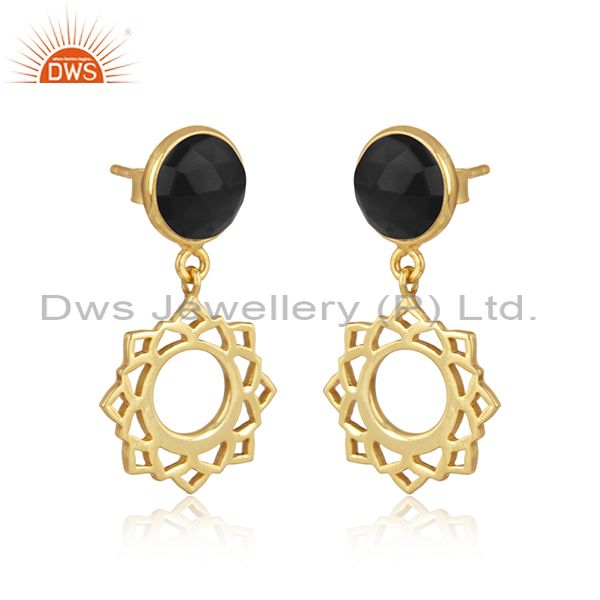 Heart chakra earring in yellow gold on silver 925 with black onyx