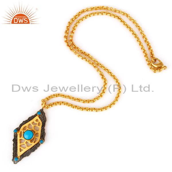 Exporter 18K Gold Plated Turquoise Metrix Art deco Pendant Necklace with Chain