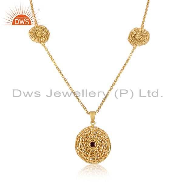 Floral Woven Charms Garnet Set Gold On 925 Silver Necklace