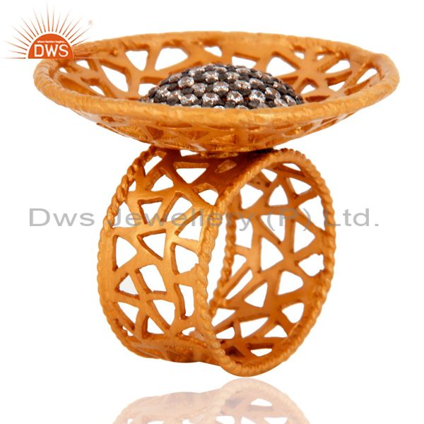Exporter Indian 925 Sterling Silver 22K Gold Plated Filigree Design Zircon Cocktail Ring