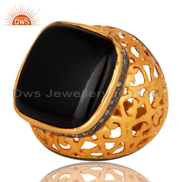 Exporter 22K Yellow Gold Plated Sterling Silver CZ And Black Onyx Filigree Cocktail Ring