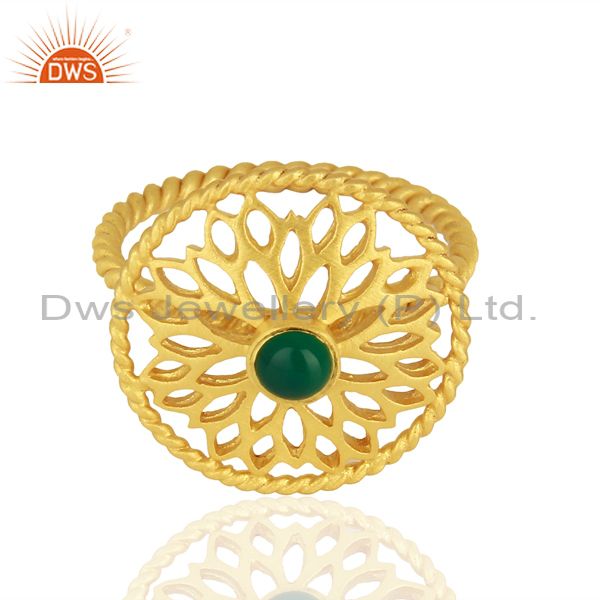 Exporter Natural Green Onyx Gemstone Gold Plated Silver Fashion Ring Supplier