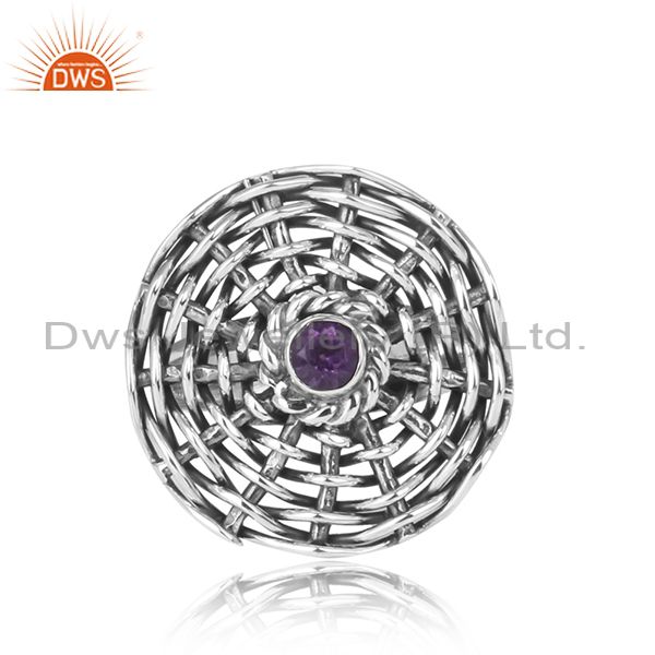 Amethyst Set Woven Style Oxidized Silver Handmade Ring