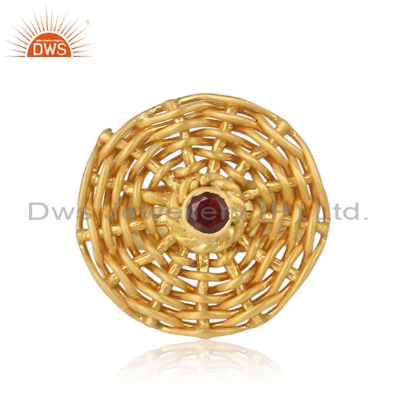 Red Garnet Set Woven Style Gold On 925 Silver Handmade Ring