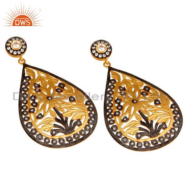 Exporter Oxidized And 18K Gold Plated Silver CZ Floral Filigree Design Dangle Earrings