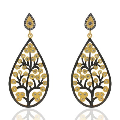 Exporter Oxidized And 18K Gold Plated Sterling Silver Tree Design Dangle Earrings With CZ