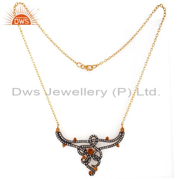 Exporter Genuine Citrine and Cubic-Zirconia Pendant Chain Necklace 925 Sterling Silver