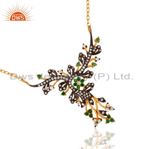 Exporter Gold Plated Sterling Silver Antique Style Green & White Cubic Zirconia Necklace