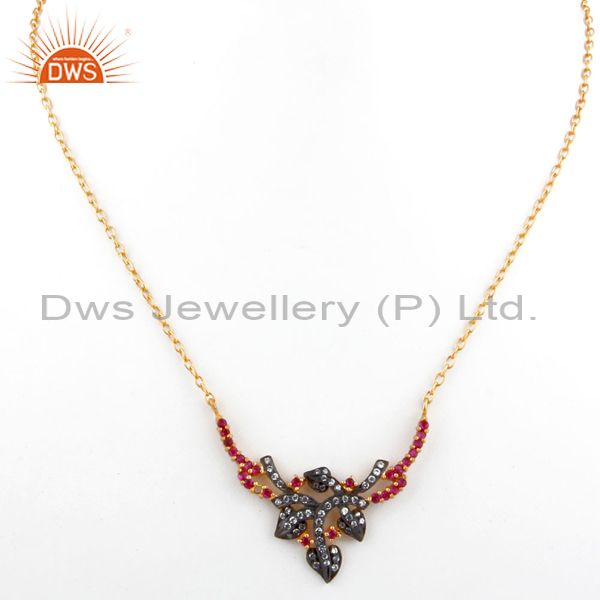 Exporter White And Red Cubic Zirconia 18K Yellow Gold Plated Sterling Silver Necklace