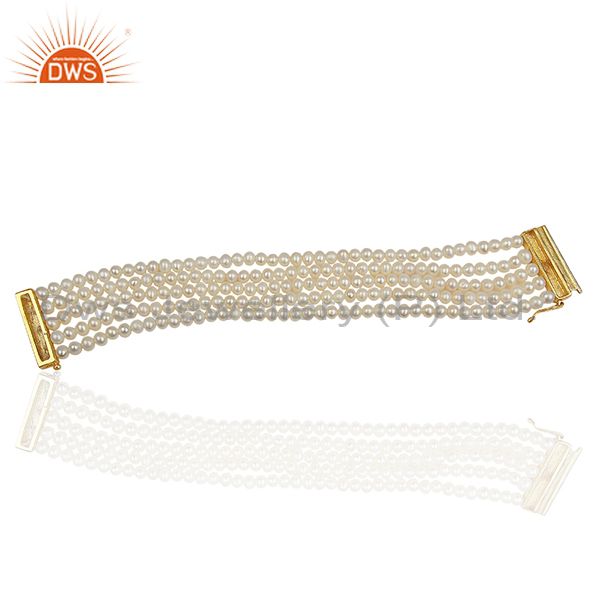 Exporter 18K Yellow Gold Plated Sterling Silver White Pearl Bead Fashion Bracelet Jewelry