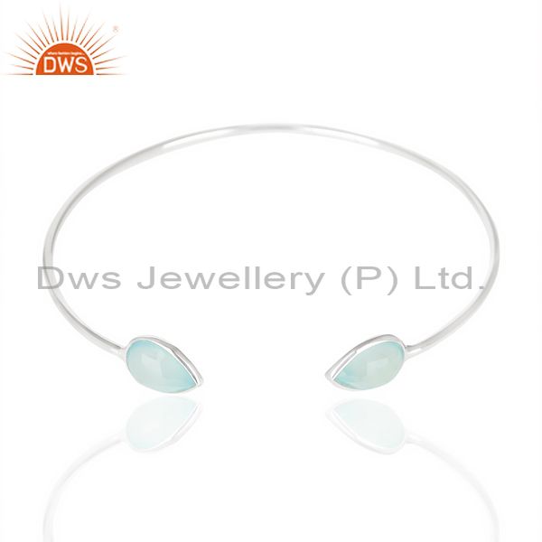 Exporter Aqua Chlacedony Adjustable Openable White Rhodium 92.5 Sterling Silver Bangle