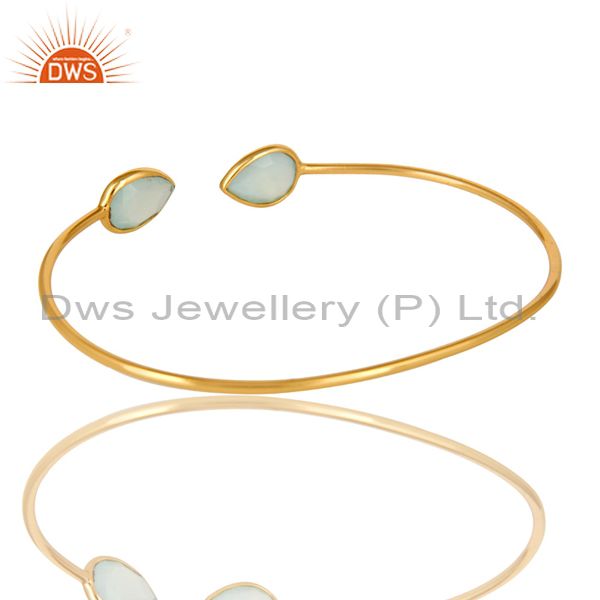 Exporter Dyed Aqua Chalcedony Gemstone Adjustable Stack Bangle In 18K Gold On Silver