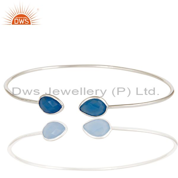 Exporter Handmade Solid 925 Sterling Silver Blue Chalcedony Open Stackable Bangle