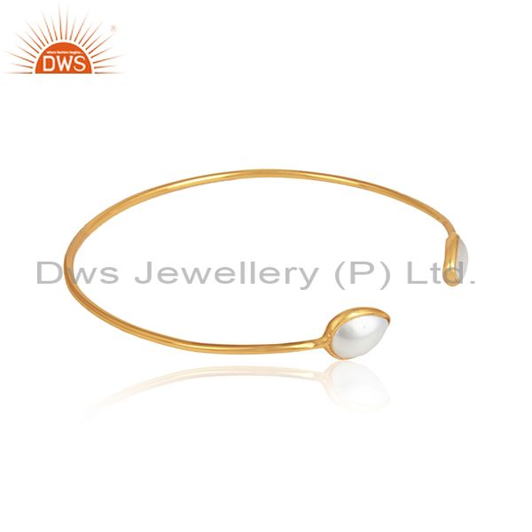 Natural pearl gemstone designer 18k gold plated sleek cuff bangle