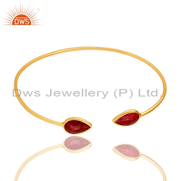 Exporter 14K Gold Plated Sterling Silver Red Corundum Sleek Adjustable Bangle Bracelet