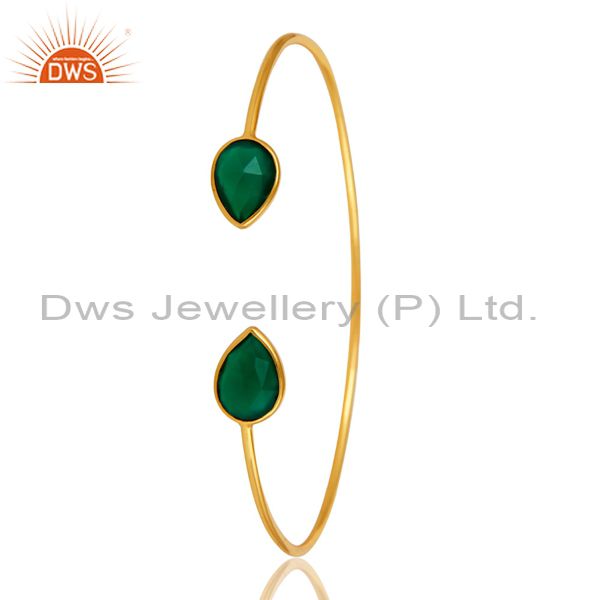 Exporter Natural Green Onyx Gemstone Sterling Silver Adjustable Bangle With Gold Plated