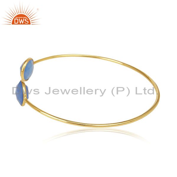 Exporter Gold Plated 925 Silver Blue Chalcedony Gemstone Cuff Bracelet Wholesale