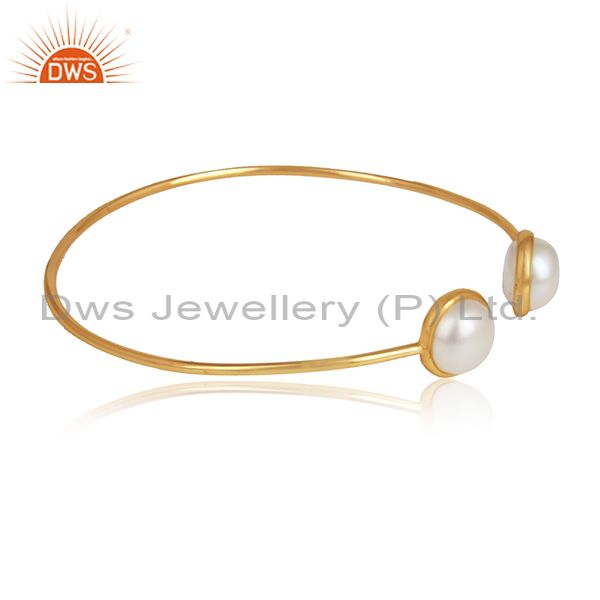 Natural pearl gemstone womens 18k gold plated sleek cuff bangles