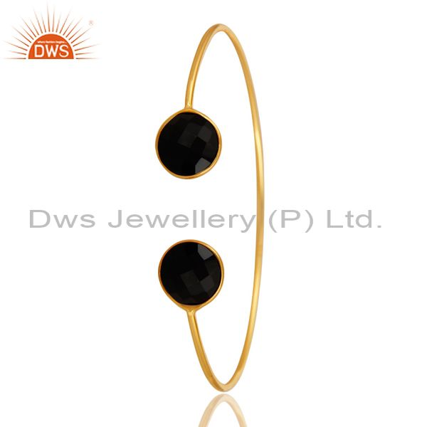 Exporter Faceted Black Onyx Gemstone Adjustable Sleek Bangle In 14K Gold On Sterling Silv