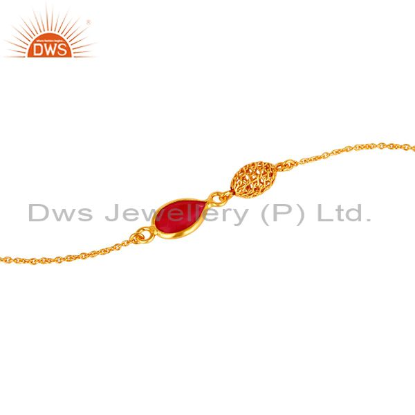Exporter 18K Gold Plated Sterling Silver Pink Chalcedony Gemstone Designer Chain Bracelet