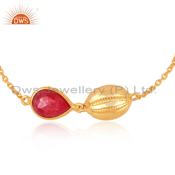 Exporter 18K Yellow Gold Plated Sterling Silver Natural Ruby Designer Chain Bracelet