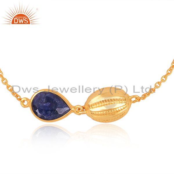 Exporter 18K Yellow Gold Plated Sterling Silver Blue Sapphire Designer Chain Bracelet