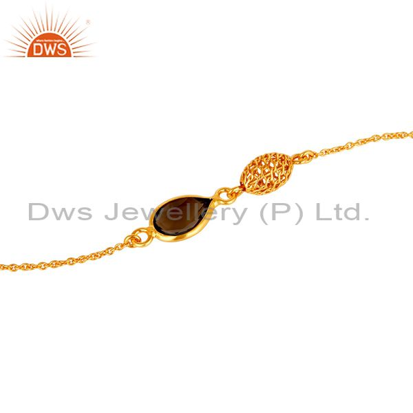 Exporter 14K Yellow Gold Plated Sterling Silver Smoky Quartz Gemstone Chain Bracelet