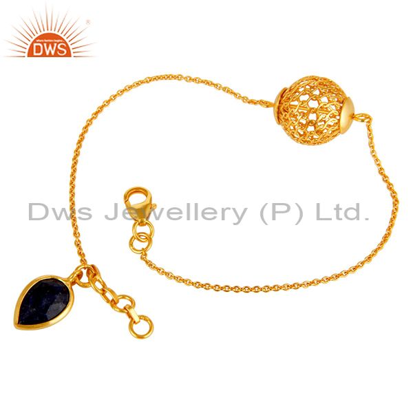 Exporter 18K Gold Plated Sterling Silver Ball Designer Blue Sapphire Chain Bracelet