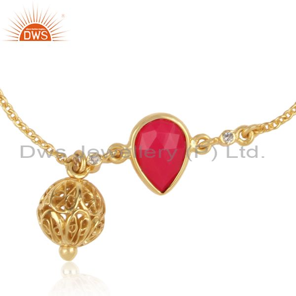 Exporter 18K Yellow Gold Plated Sterling Silver Spheres Charm Pink Chalcedony Bracelet