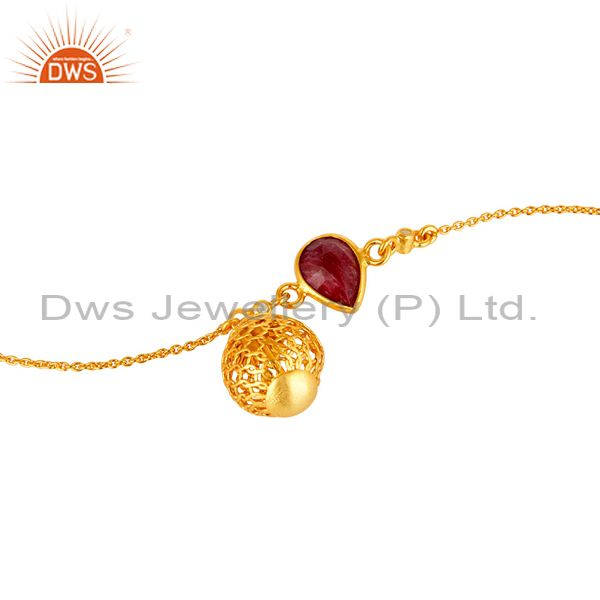 Exporter 18K Yellow Gold Plated Sterling Silver Ruby And White Topaz Ball Chain Bracelet