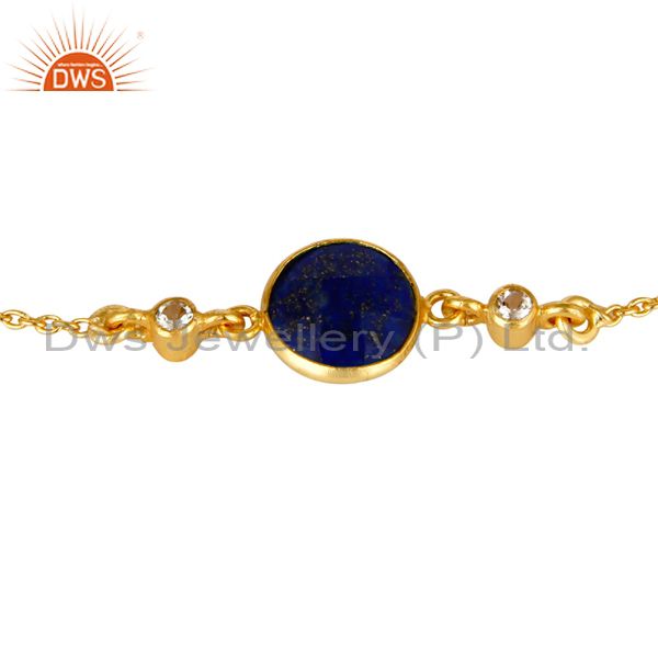 Exporter 14K Yellow Gold Plated Sterling Silver Lapis Lazuli & White Topaz Chain Bracelet