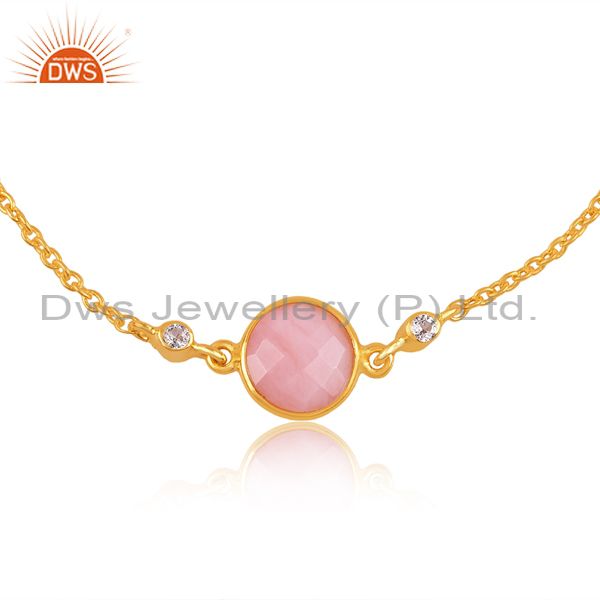 Exporter 14K Yellow Gold Plated Sterling Silver Pink Opal And White Topaz Chain Bracelet
