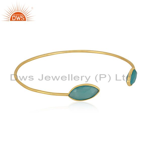 Exporter Marquise Shape Aqua Chalcedony Gemstone Gold Plated Silver Cuff Bangle