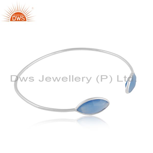 Blue chalcedony gemstone designer womens fine silver cuff bangles
