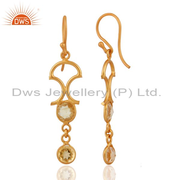 Exporter Natural Citrine Gemstone 18k Gold Plated Sterling Silver Fashion Dangle Earrings