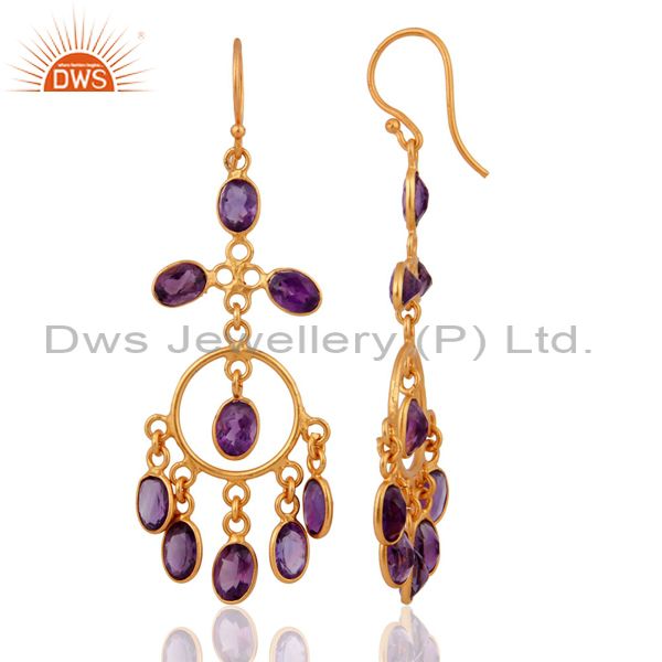 Exporter Purple Amethyst Gemstone Chandelier Earrings In 24k Gold Plated Over 925 Silver
