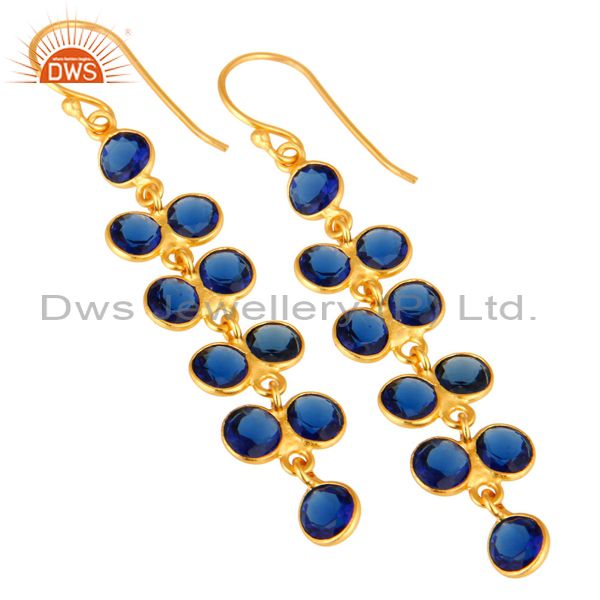 Exporter Gold Plated Sterling Silver Round Cut Blue Corundum Bezel Set Dangle Earrings